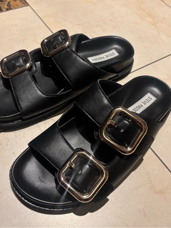 Steve Madden Shoes - Steve Madden Black Slide Sandals with Gold Buckles
